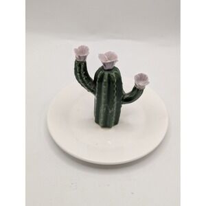 Ceramic Cactus Jewelry Dish Ring Holder Green Saguaro with Lavender Flowers 4in